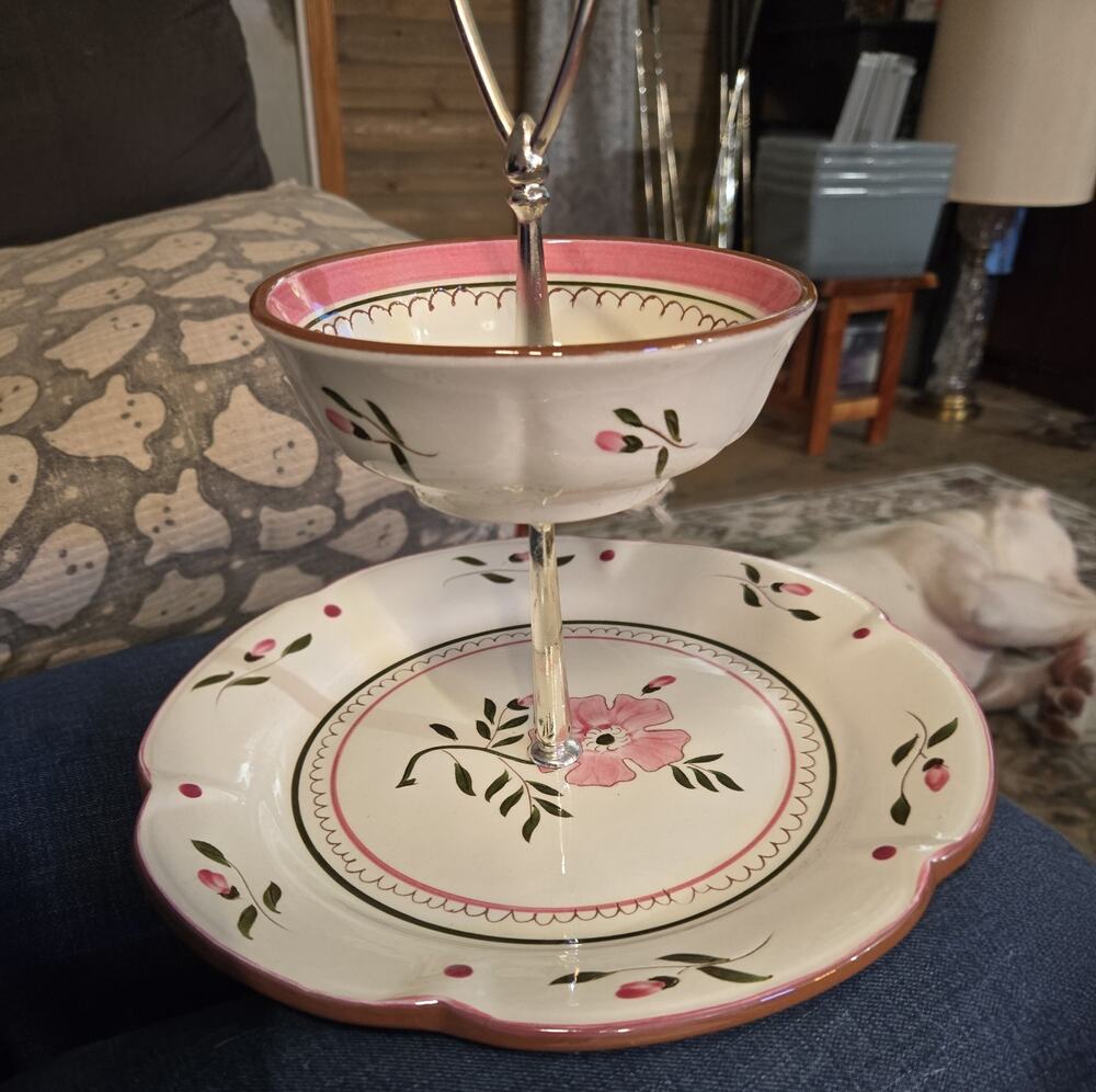 Stangl Pottery Colonial Rose 2-Tier Server • Hand Painted • Plate & Bowl Set